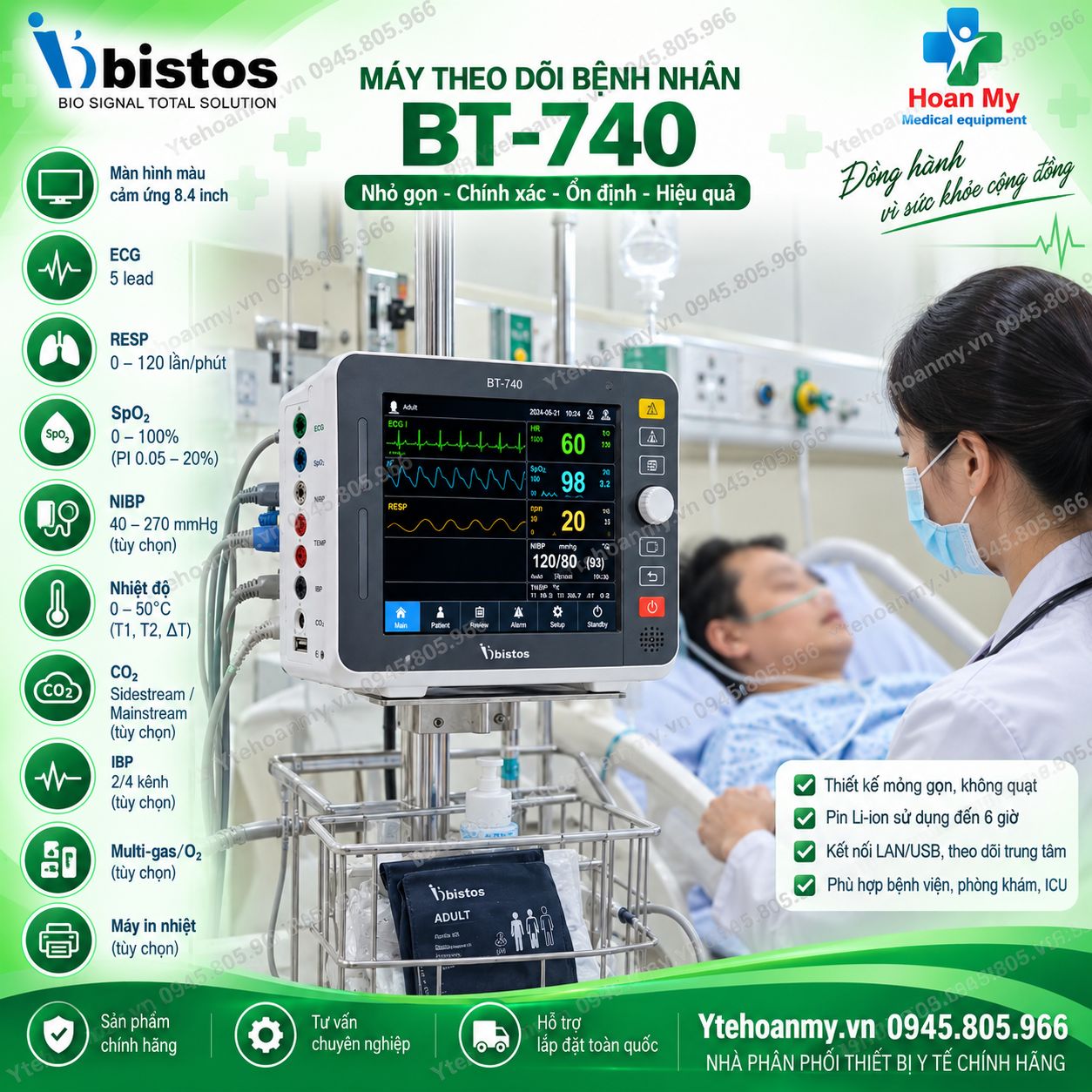 Monitor theo d&otilde;i bệnh nh&acirc;n Bistos BT-740. Xuất xứ: H&agrave;n Quốc